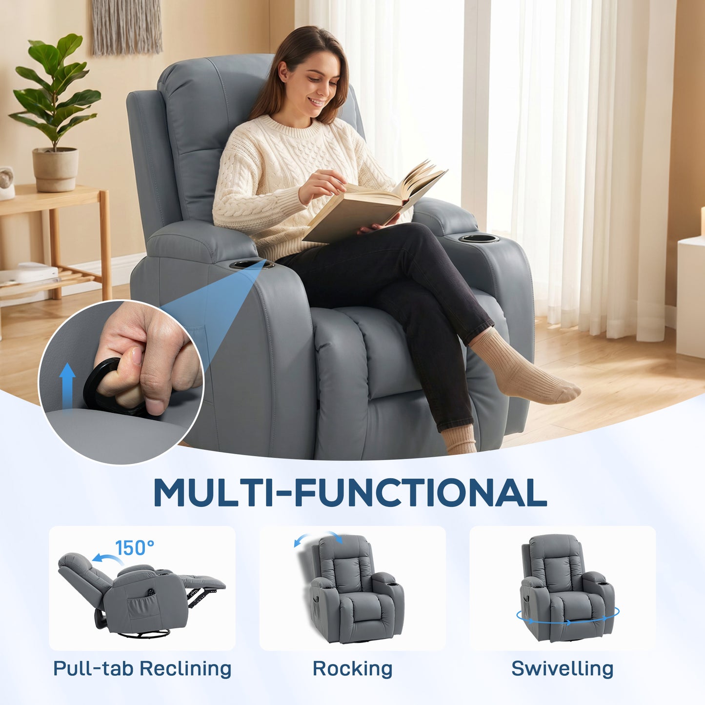 Massage Recliner Armchair, PU Leather Recliner Chair, Grey