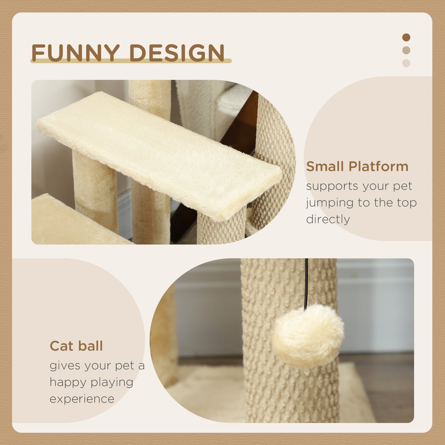 4-step Pet Stairs with Scratching Posts, Platforms, Toy Ball, Beige