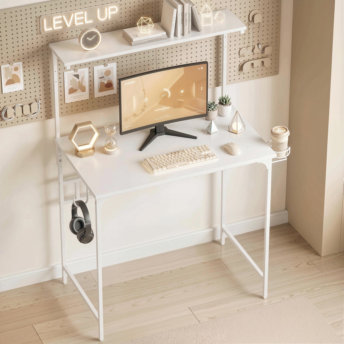 Computer Desk, 80cm Home Office Study Table with Hutch Shelf, Cup Holder, Headphone Hook, White