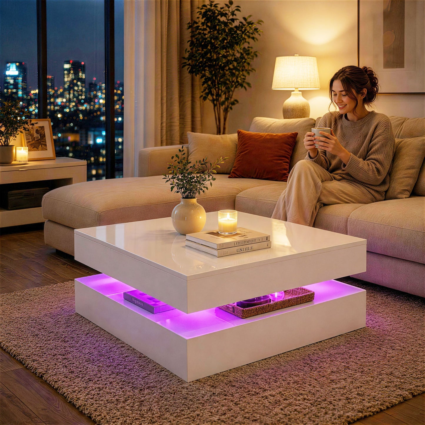 LED Coffee Table with Storage, 2-Tier Modern Centre Table with Open Shelf and Remote for Living Room, High Gloss White