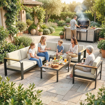 3 Pieces Garden Furniture Set with L-Shaped Sofa, Armchair and Coffee Table, Aluminium Garden Corner Sofa Set