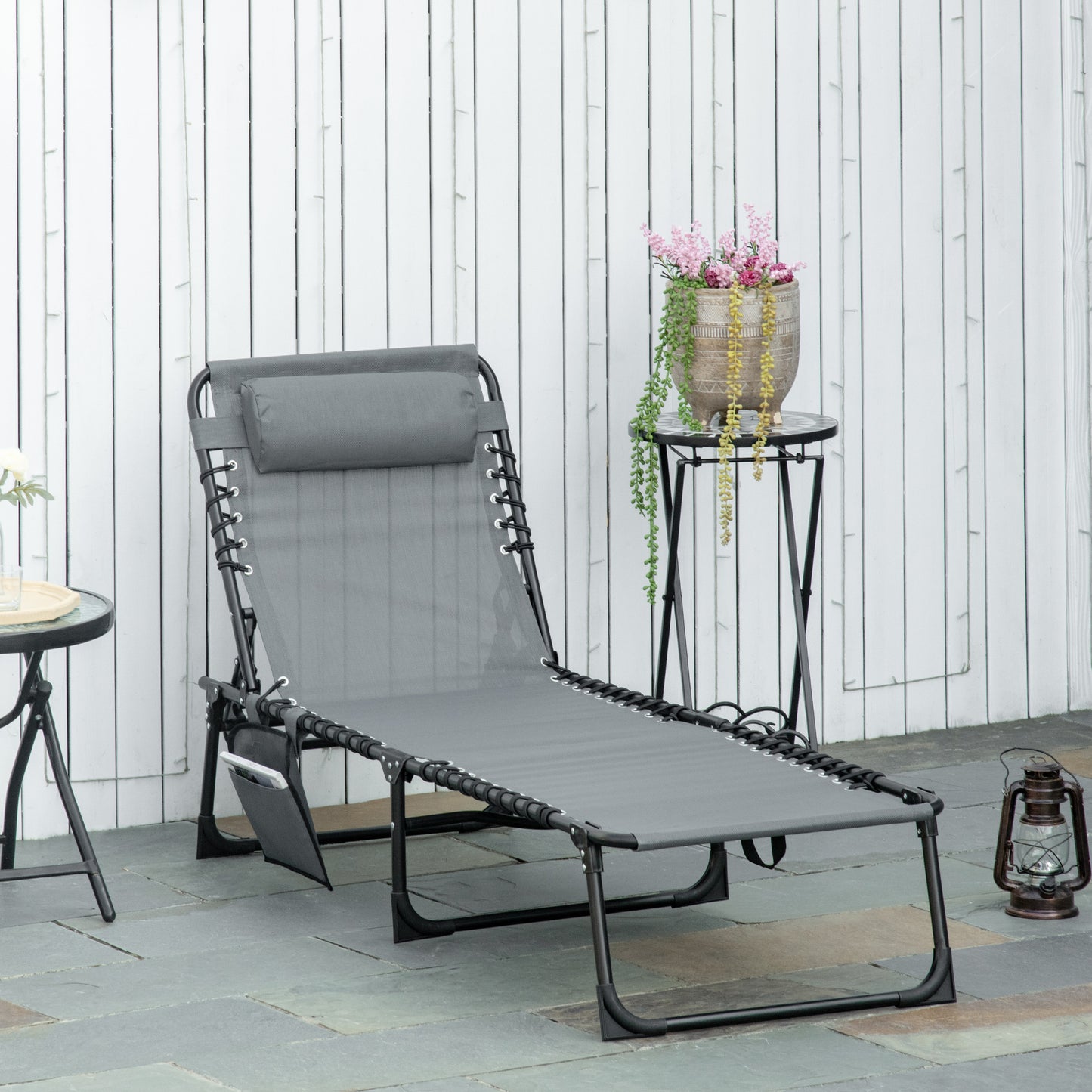 Portable Sun Lounger, Folding Camping Bed Cot, Reclining Lounge Chair 5-position Adjustable Backrest with Side Pocket