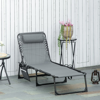 Portable Sun Lounger, Folding Camping Bed Cot, Reclining Lounge Chair 5-position Adjustable Backrest with Side Pocket