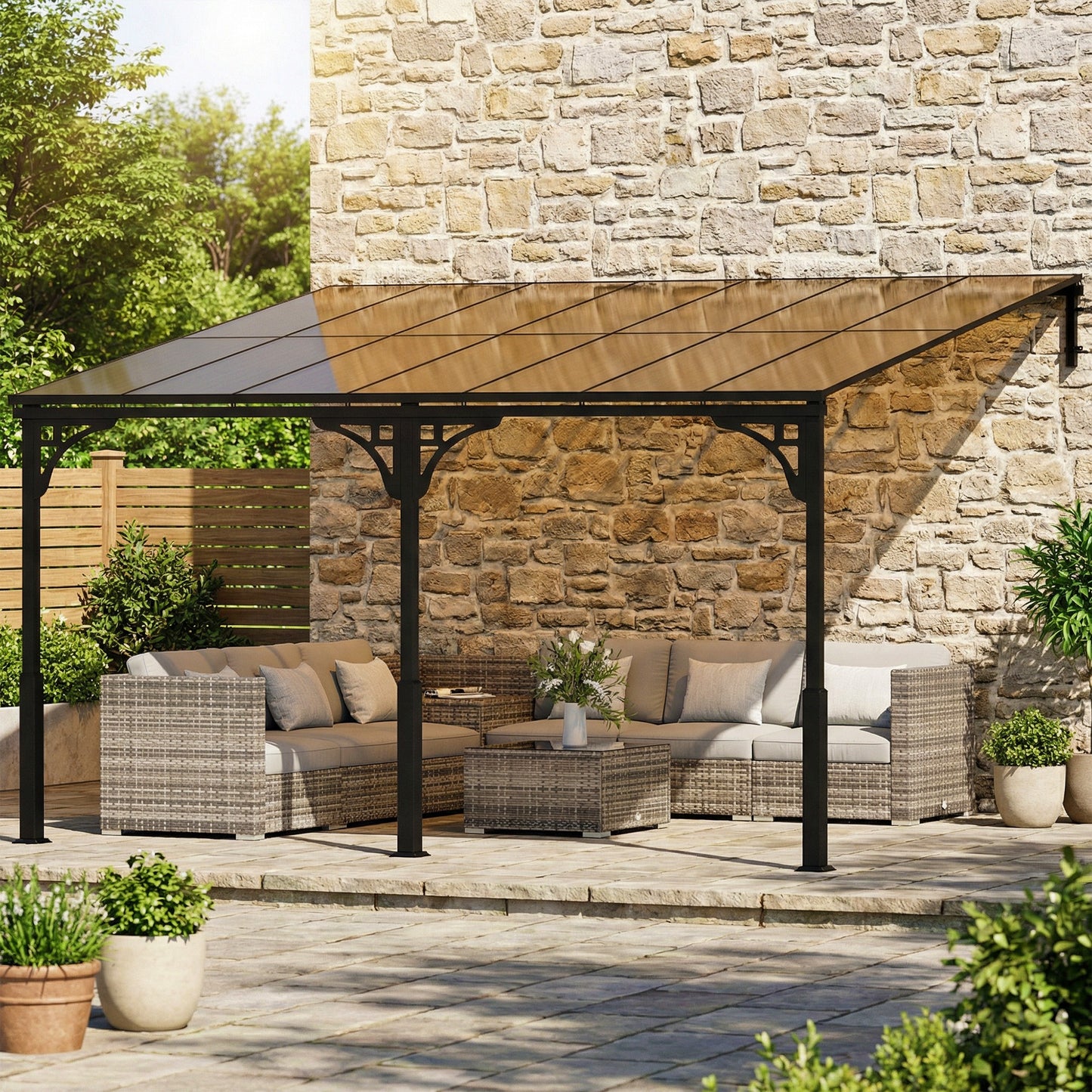 4 x 3 m Metal Lean-to Pergola, Wall-Mounted Garden Pergola with Polycarbonate Roof and Metal-Aluminium Frame