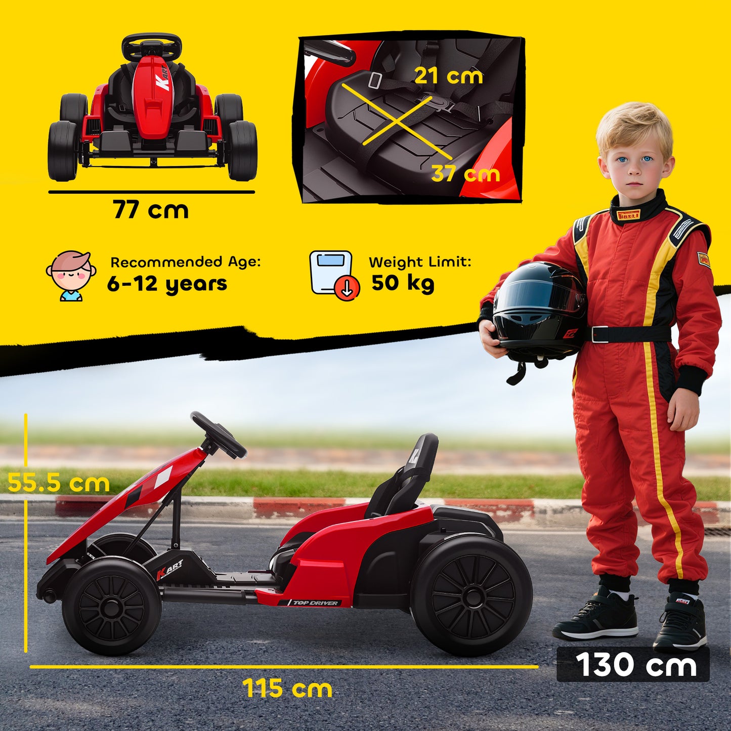 24V Electric Go Kart, Drift Kart with Adjustable Seat, Slow Start, 5-Point Harness, Music, for 6-12 Years, Red
