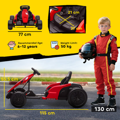 24V Electric Go Kart, Drift Kart with Adjustable Seat, Slow Start, 5-Point Harness, Music, for 6-12 Years, Red