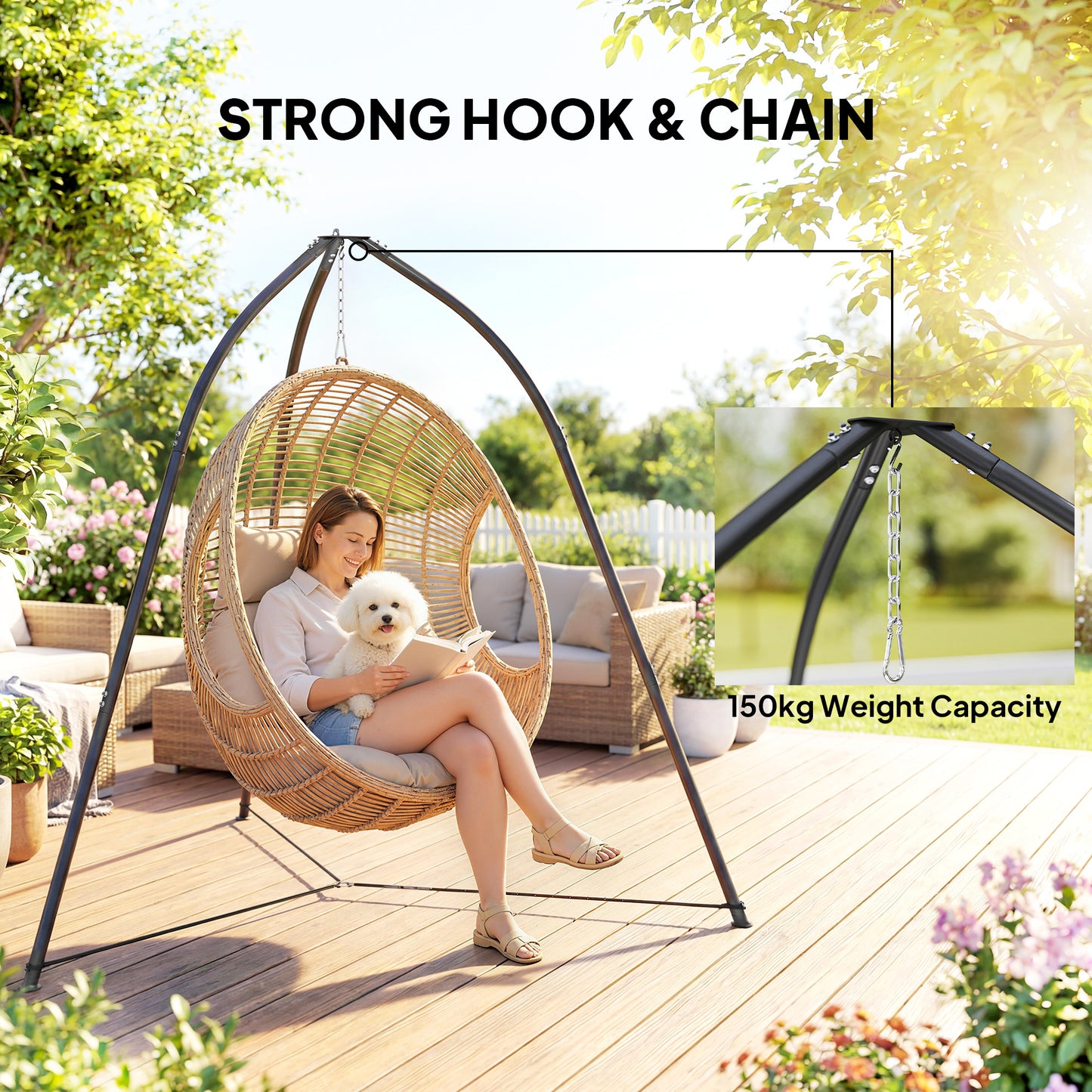 Hammock Stand for Hanging Chair Adjustable Height Tripod Hammock Chair Stand Only with Chain, 150 kg Capacity, Black