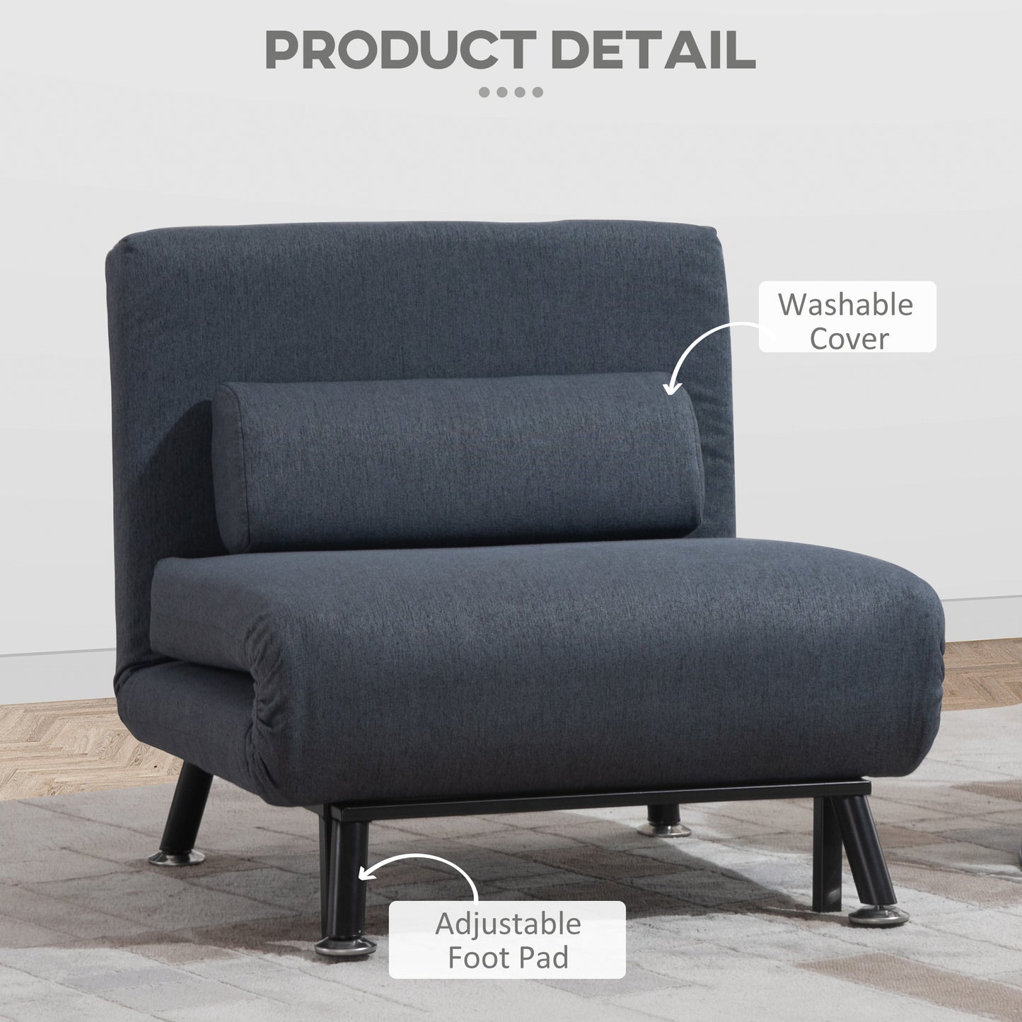 Single Sofa Chair Bed, Linen Fabric 3-in-1 Convertible Sleeper Chair with 5-Position Adjustable Backrest, 75cm Wide Seat
