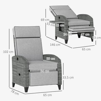 Outdoor Recliner Chair with Adjustable Backrest and Footrest, Cushion, Side Tray, Light Grey/Grey