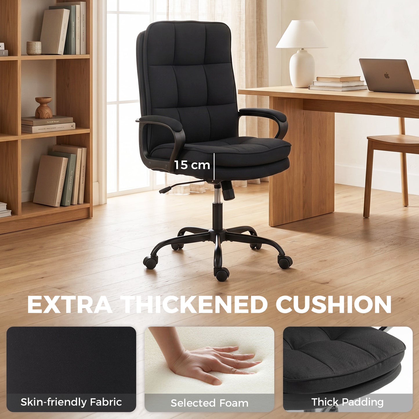Double Padded Linen-Look Office Chair - Black