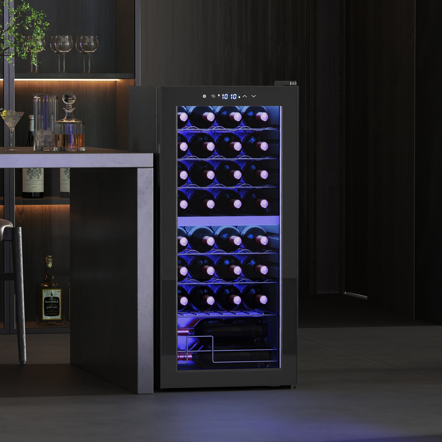 32-Bottle Narrow Wine Fridge, with Lights - Black