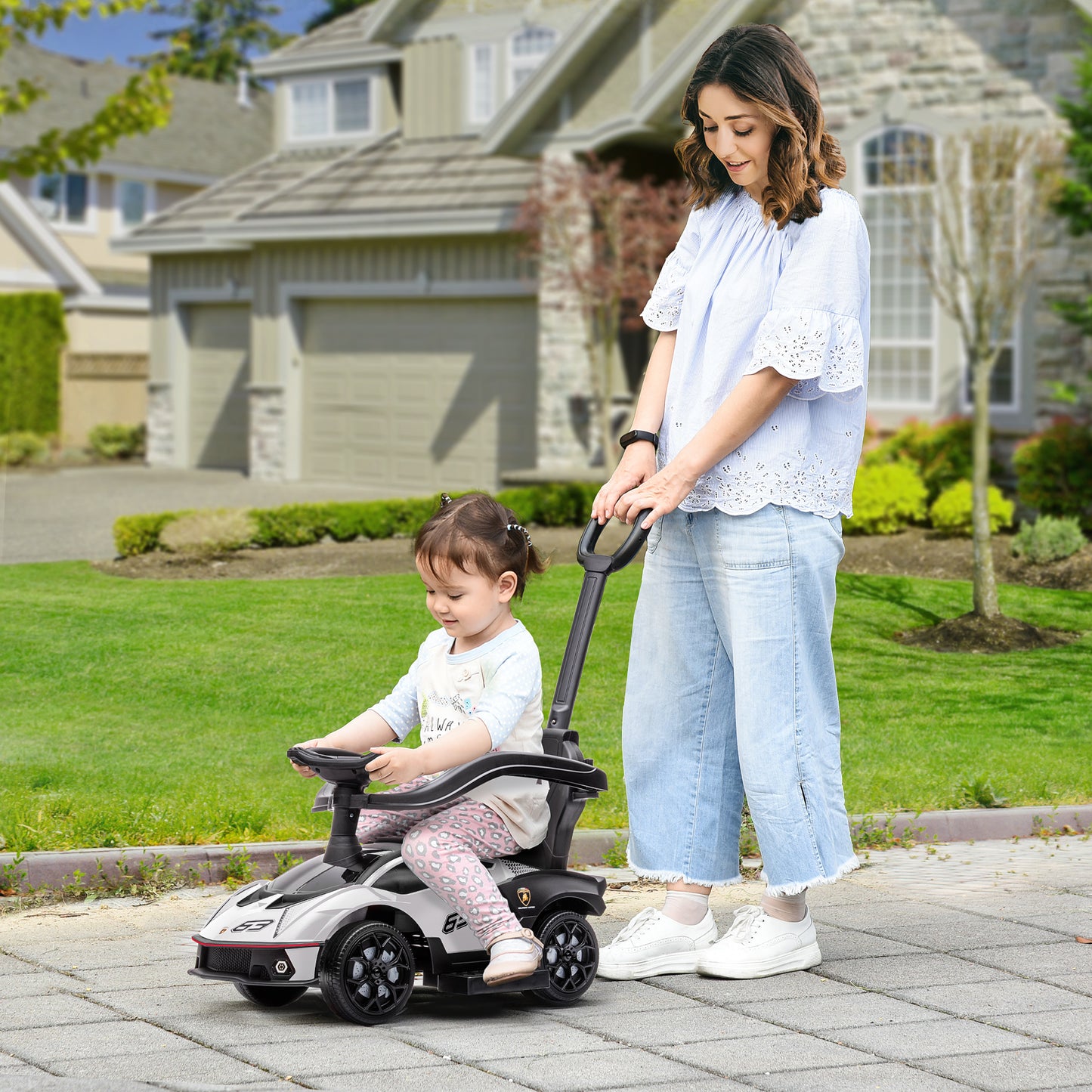Licensed 2 in 1 Baby Ride on Push Car Toddler Push Along Car with Parent Handle Foot To Floor Slider with Horn Steering Wheel