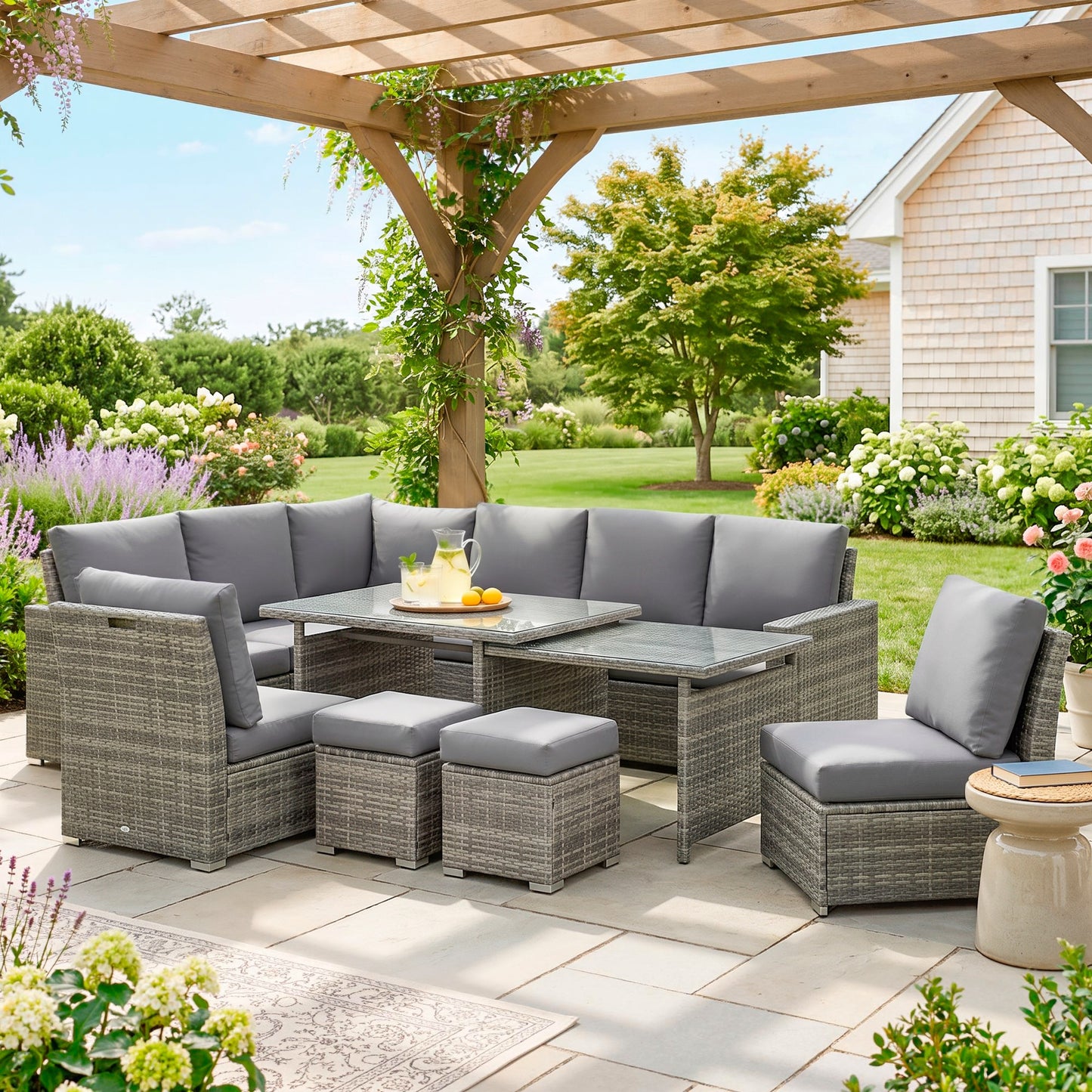Seven-Piece Rattan Garden Sofa Set, with Expanding Table - Grey