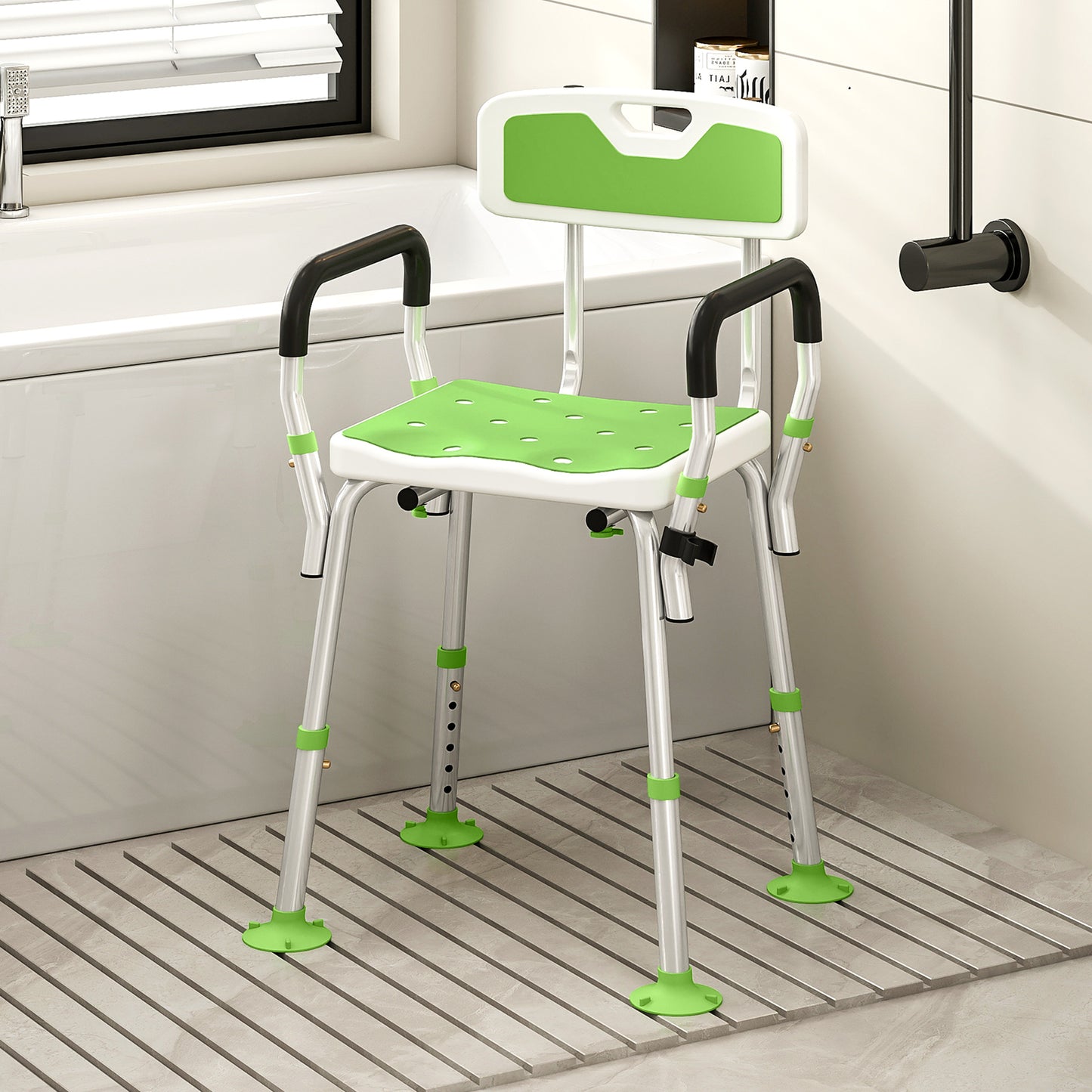 EVA Padded Shower Chair for the Elderly and Disabled, Height Adjustable Shower Stool with Back and Arms, 4 Suction Foot Pads