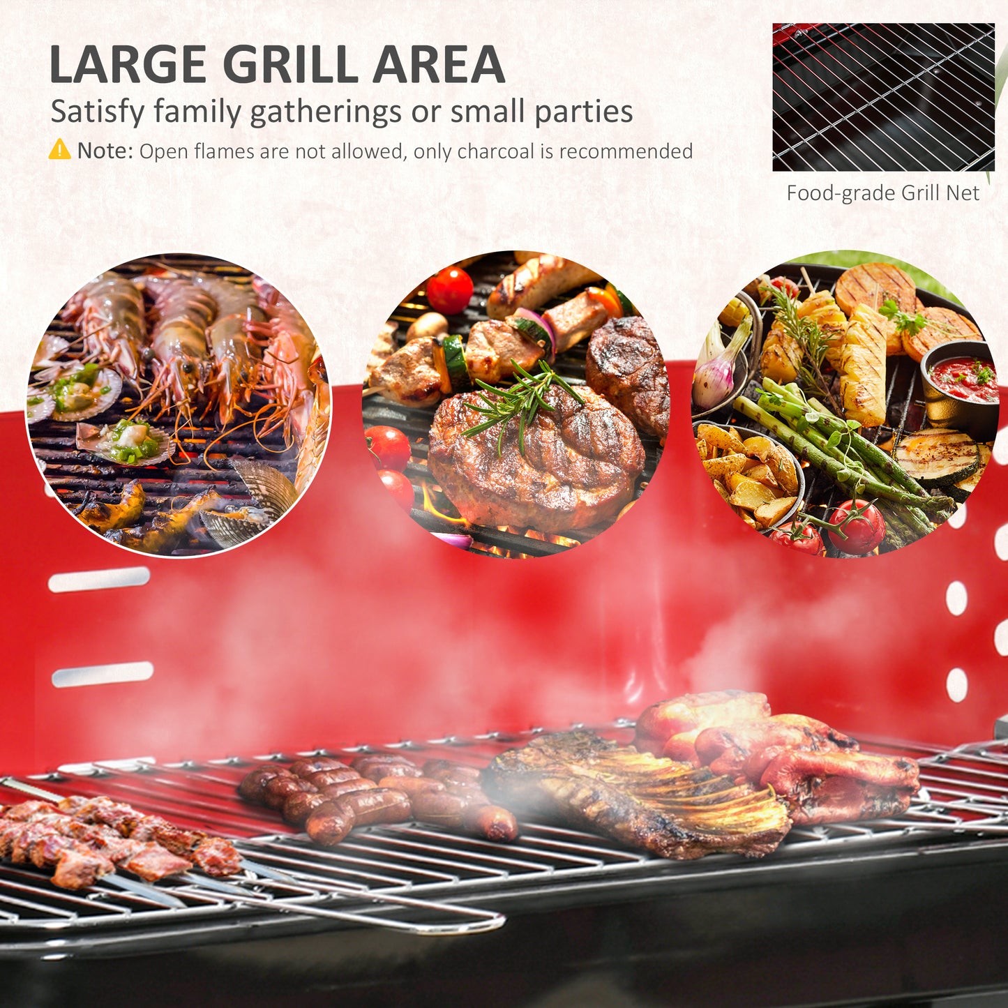 Charcoal Trolley BBQ Barbecue Grill Patio Camping Picnic Garden Party Outdoor Cooking with Windshield and Wheels Side Trays