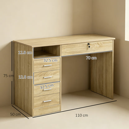 Computer Desk with 5 Drawers, Home Office Desk with Lockable Drawer and Storage Shelf, Study Table for Bedroom