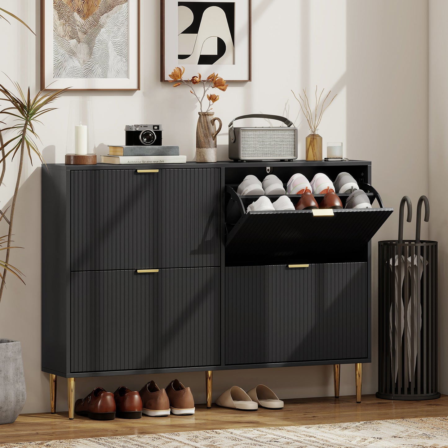 Elegant Four-Drawer Shoe Cabinet - Black
