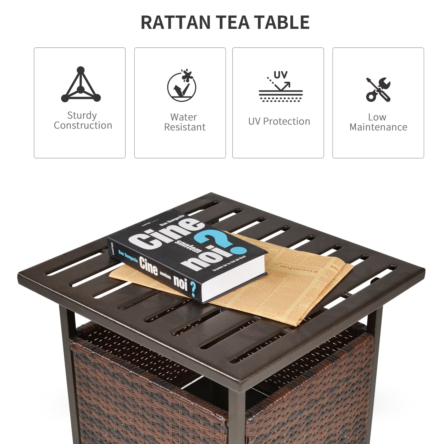 Rattan Garden Coffee Table, 55.5 cm Square Wicker Patio Side Coffee Table with 4 cm Umbrella Hole