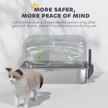 65L Extra Large Stainless Steel Litter Tray with Plasma Deodoriser System, High Sided, Easy to Clean & Odour-Resistant