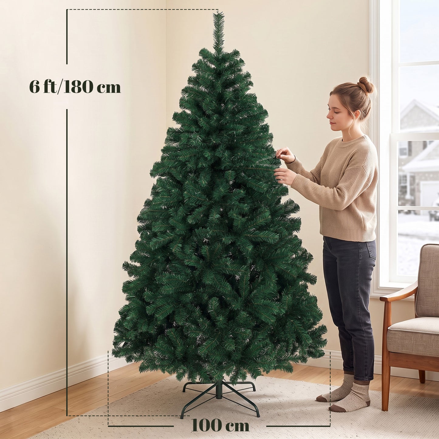 6ft Artificial Christmas Tree, Fir Hinged Xmas Tree with 700 Branch Tips, Foldable Steel Stand, Green