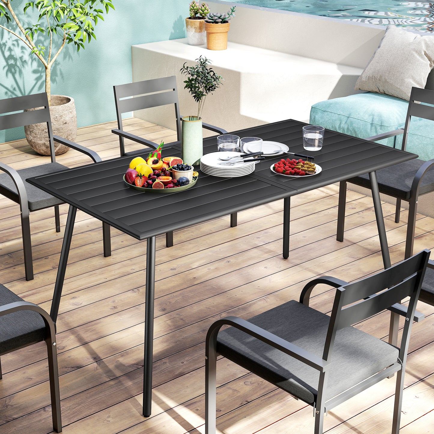 Rectangle Garden Table with Slat Top, Steel Frame, Outdoor Table for 6 Person, 150 x 80 x 74 cm, Black