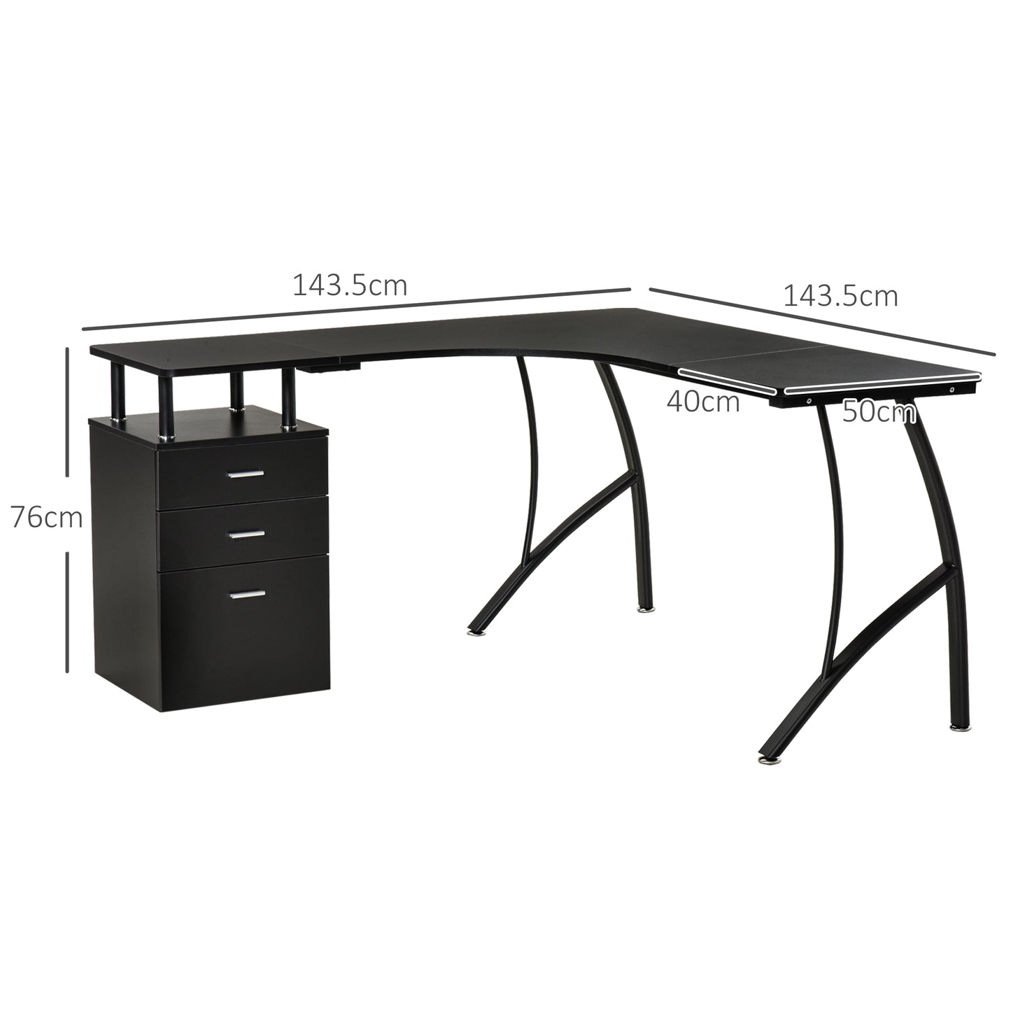 L-Shaped Computer Desk Table with Storage Drawer, Home Office Desk Corner Industrial Style Workstation for A4 Files 143.5 x 1