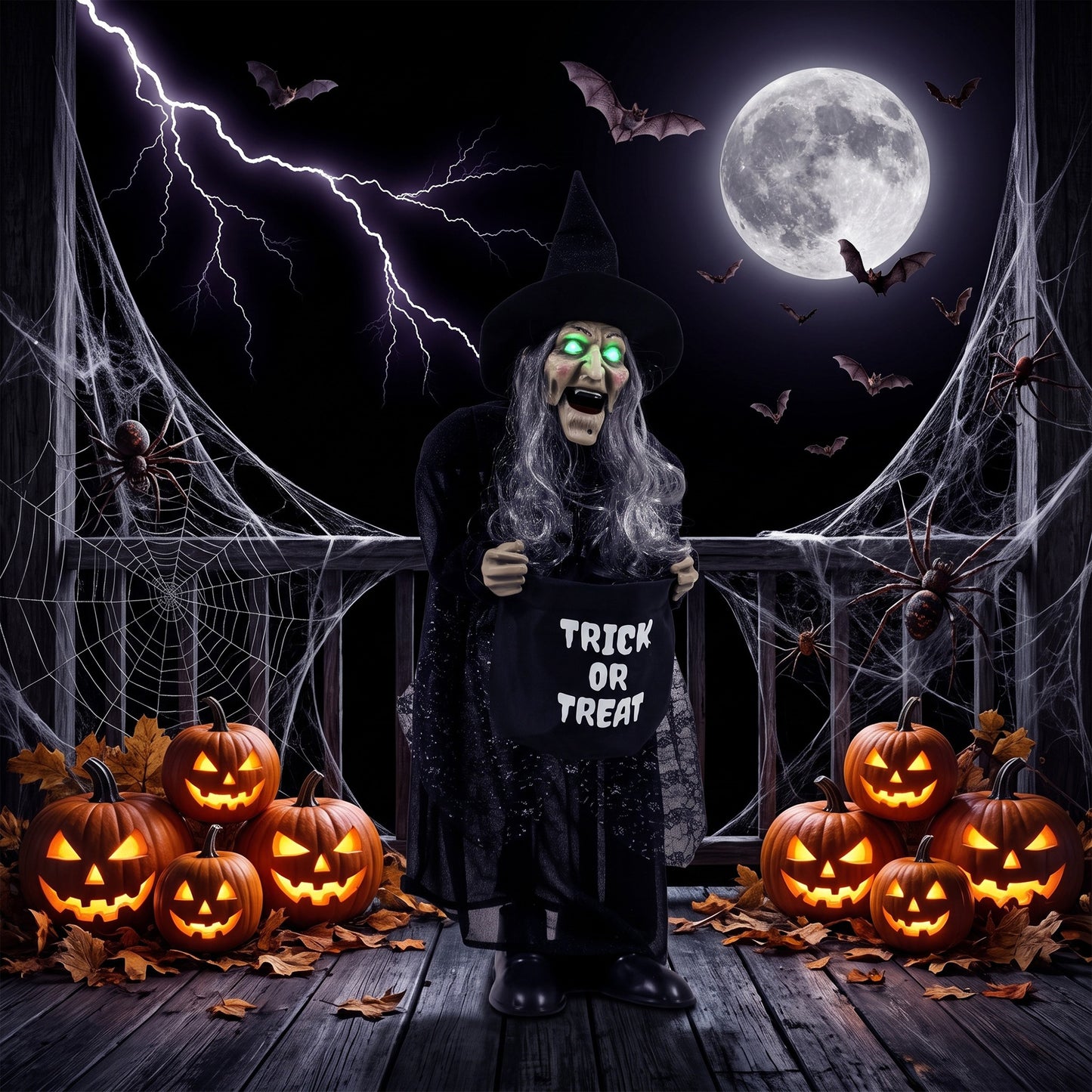 94cm Animated Witch Halloween Decoration, Scary Halloween Animatronics Decor with Sound Touch Activated & Light Up Eyes