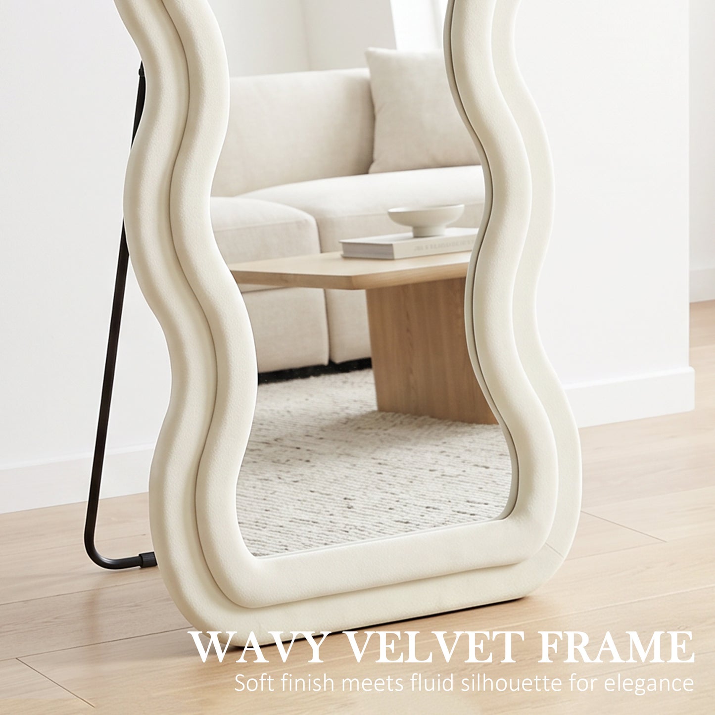 Full Length Mirror, 160 x 60 cm Wavy Full Body Wall Standing Mirror with Velvet Frame and Tempered Glass, Cream White