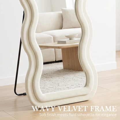 Full Length Mirror, 160 x 60 cm Wavy Full Body Wall Standing Mirror with Velvet Frame and Tempered Glass, Cream White