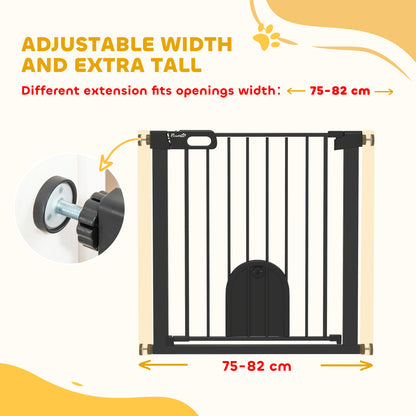 Dog Gate with Cat Flap Pet Safety Gate Barrier, Stair Pressure Fit, Auto Close, Double Locking, 75-82 cm Black