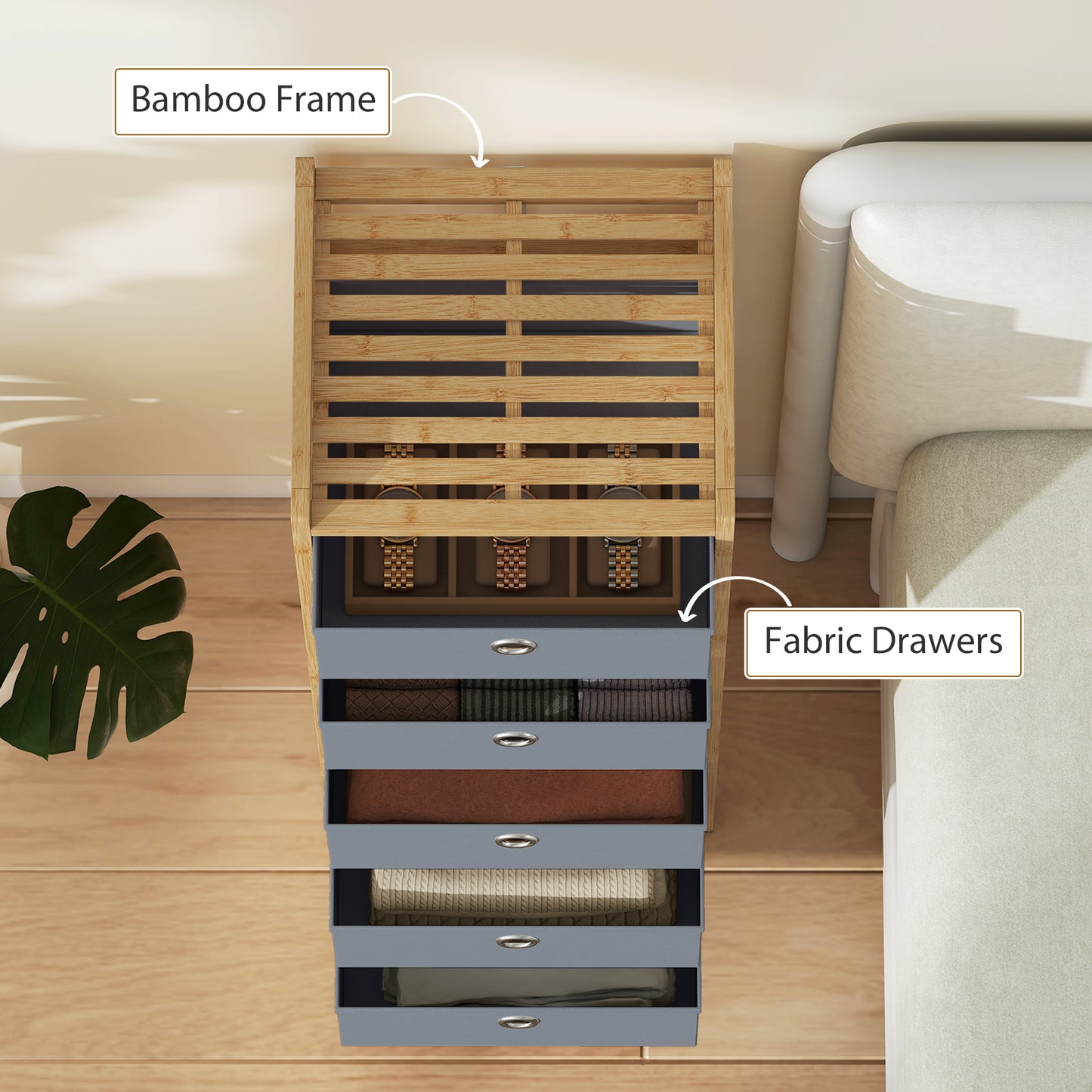 Chest of Drawers, 5 Fabric Drawers Narrow Dresser with Bamboo Frame, Light Grey