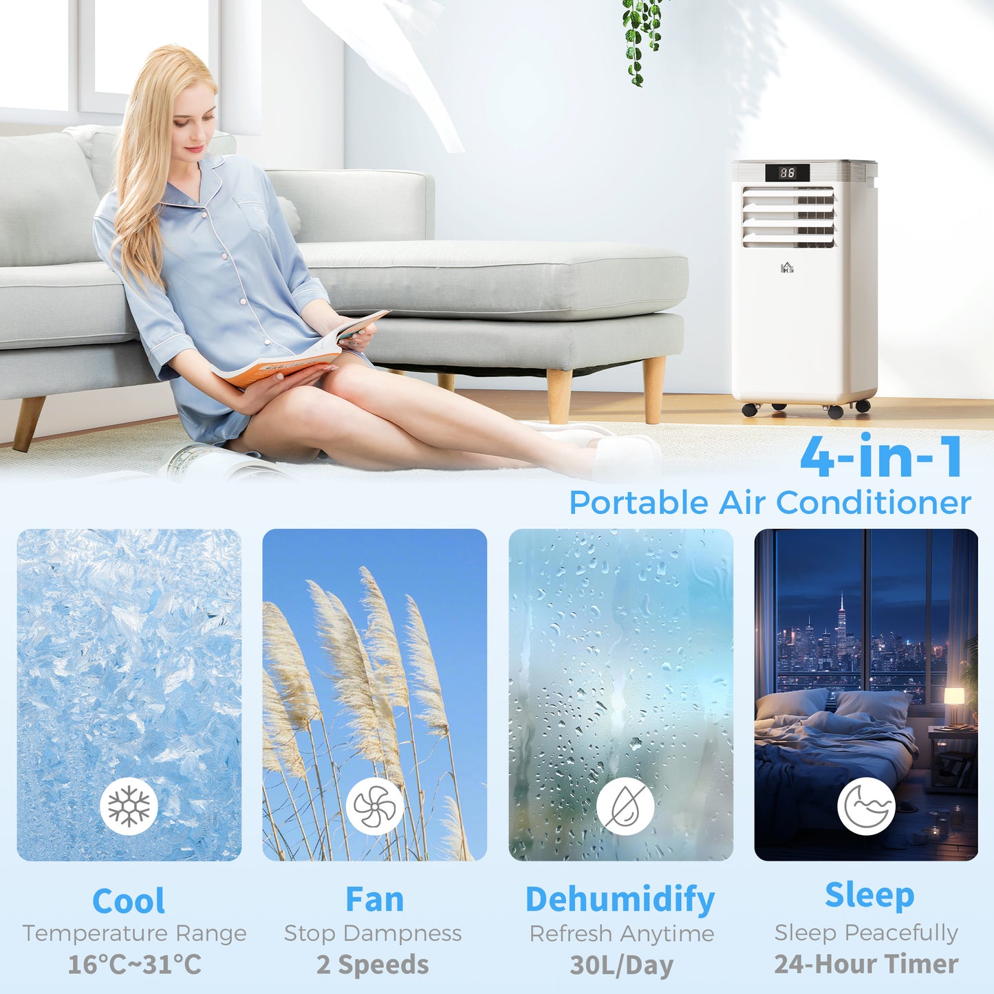 7000 BTU Air Conditioning Unit, 3-in-1 Portable Air Conditioner, Dehumidifier, Cooling Fan with Remote Control, LED Display