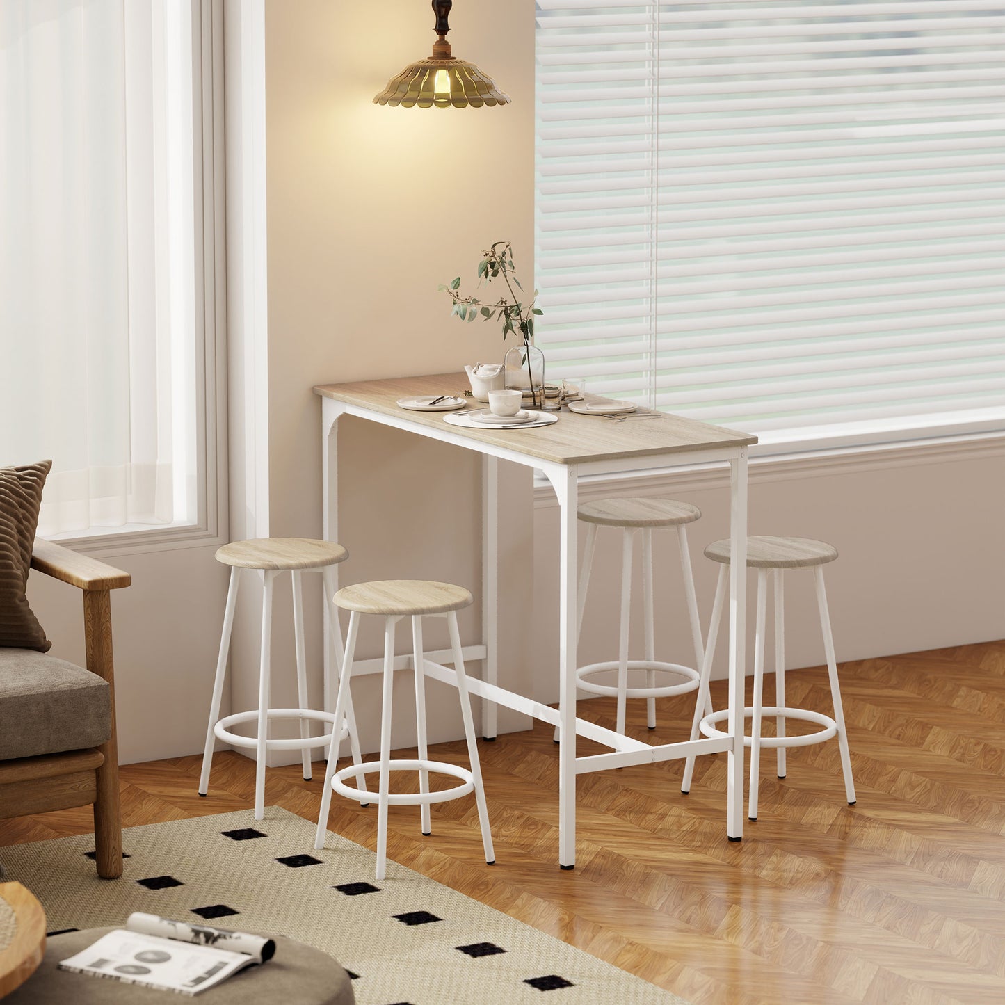 5 Piece Bar Table Set for 4 with Stools, Metal Frame, Footrest for Kitchen Natural Wood