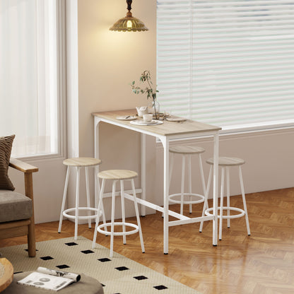 5 Piece Bar Table Set for 4 with Stools, Metal Frame, Footrest for Kitchen Natural Wood