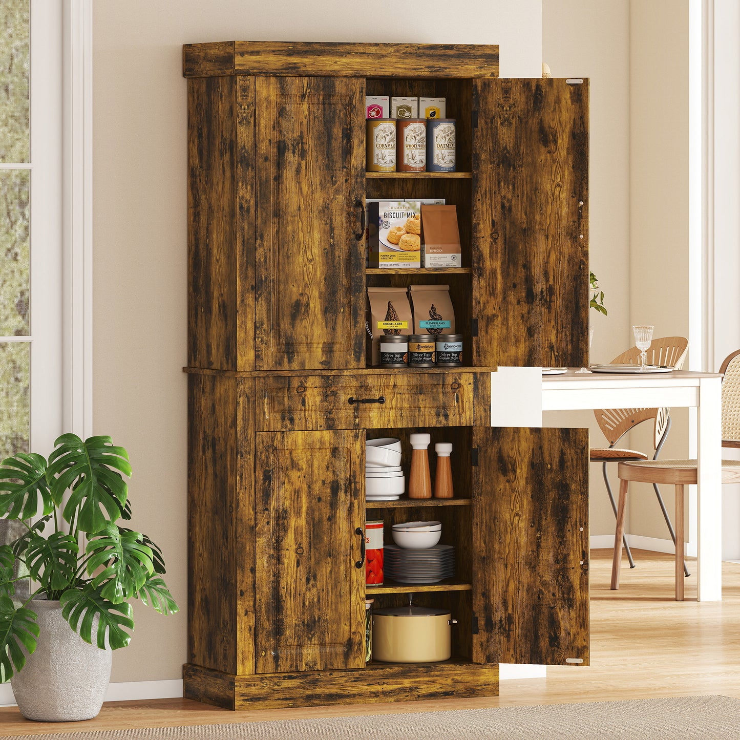 Tall Kitchen Cupboard, Kitchen Pantry Cabinet with Drawer, Shelves, Brown