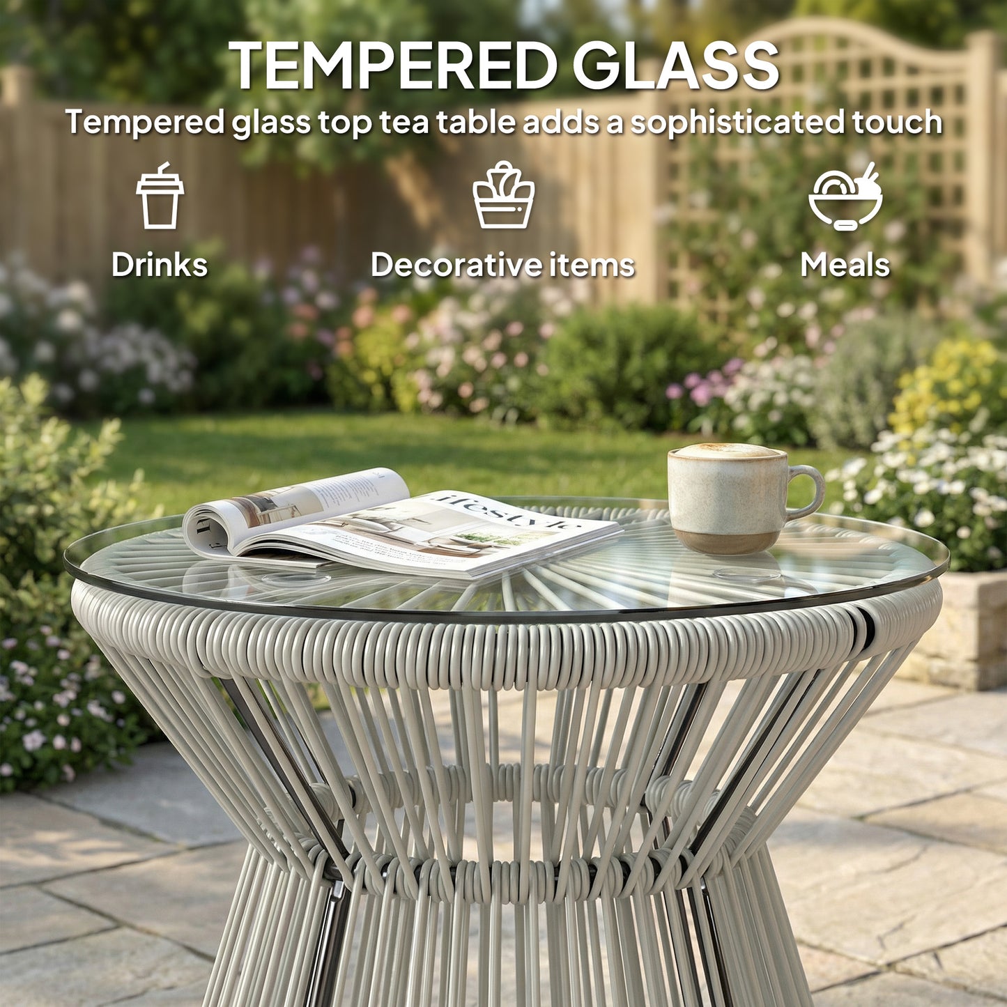 Rattan Outdoor Coffee Table, PE Rattan Wicker Bistro Side Table with Tempered Glass Top, Light Grey