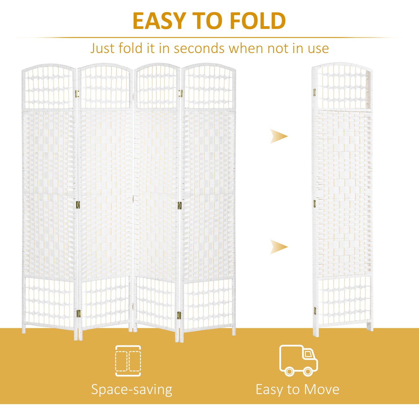4 Panel Folding Room Divider, Privacy Screen, Paravent Partition Separator for Living Room, Bedroom, White