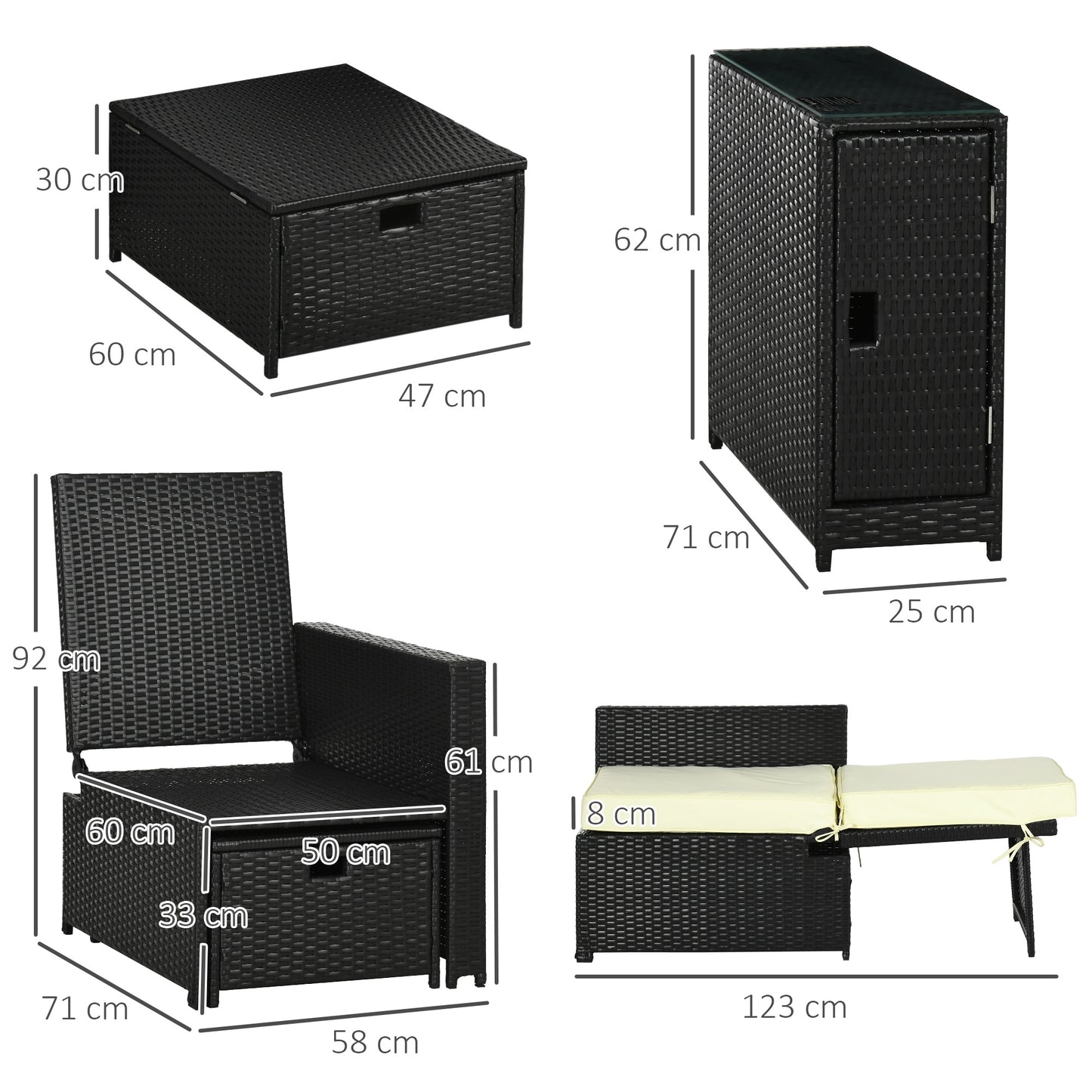 5PC PE Rattan Sun Lounger, Outdoor Wicker 5-level Adjustable Recliner Sofa Bed with Storage Side Table and Footstools