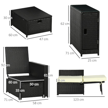 5PC PE Rattan Sun Lounger, Outdoor Wicker 5-level Adjustable Recliner Sofa Bed with Storage Side Table and Footstools