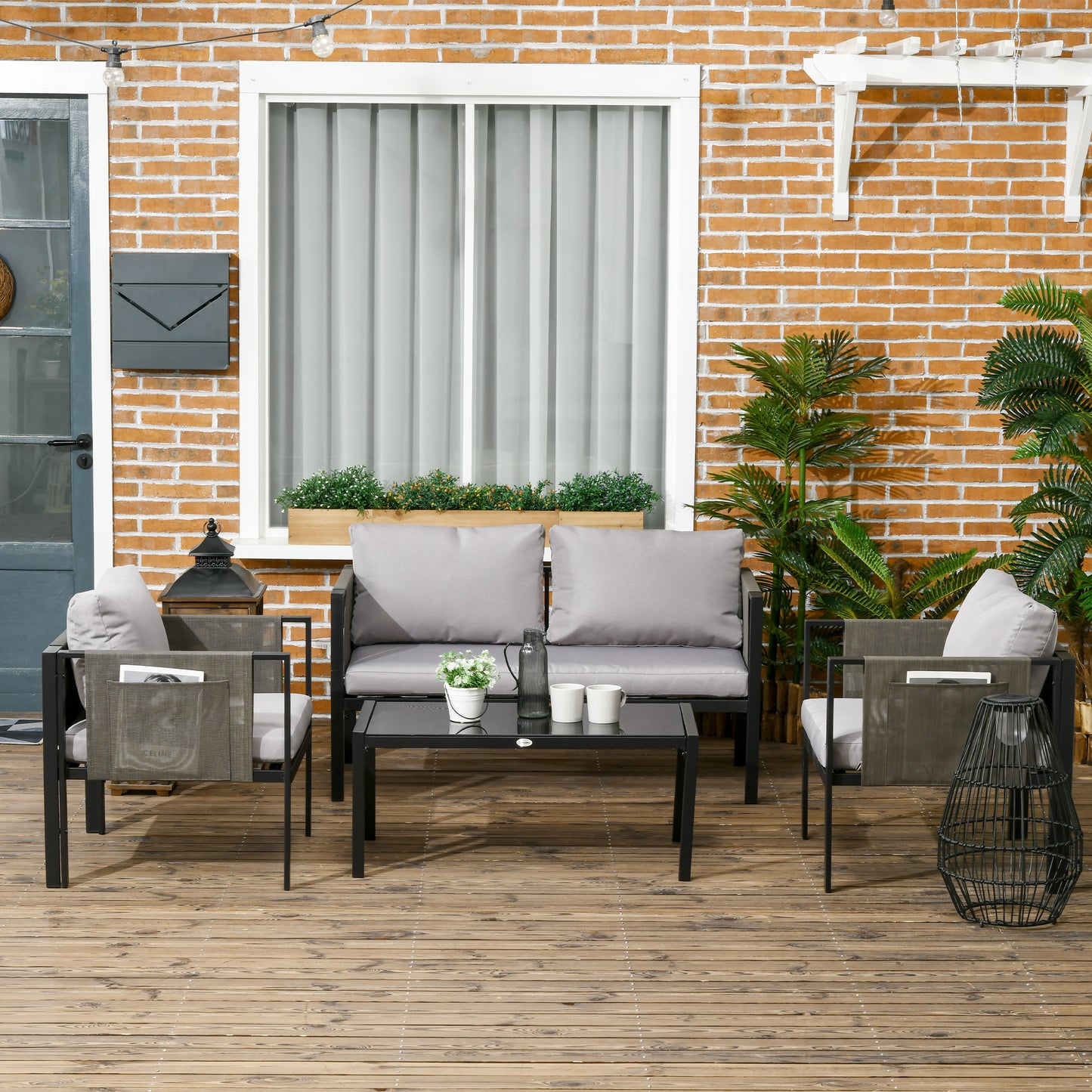 4 Piece Metal Garden Furniture Set with Tempered Glass Coffee Table, Texteline Pocket
