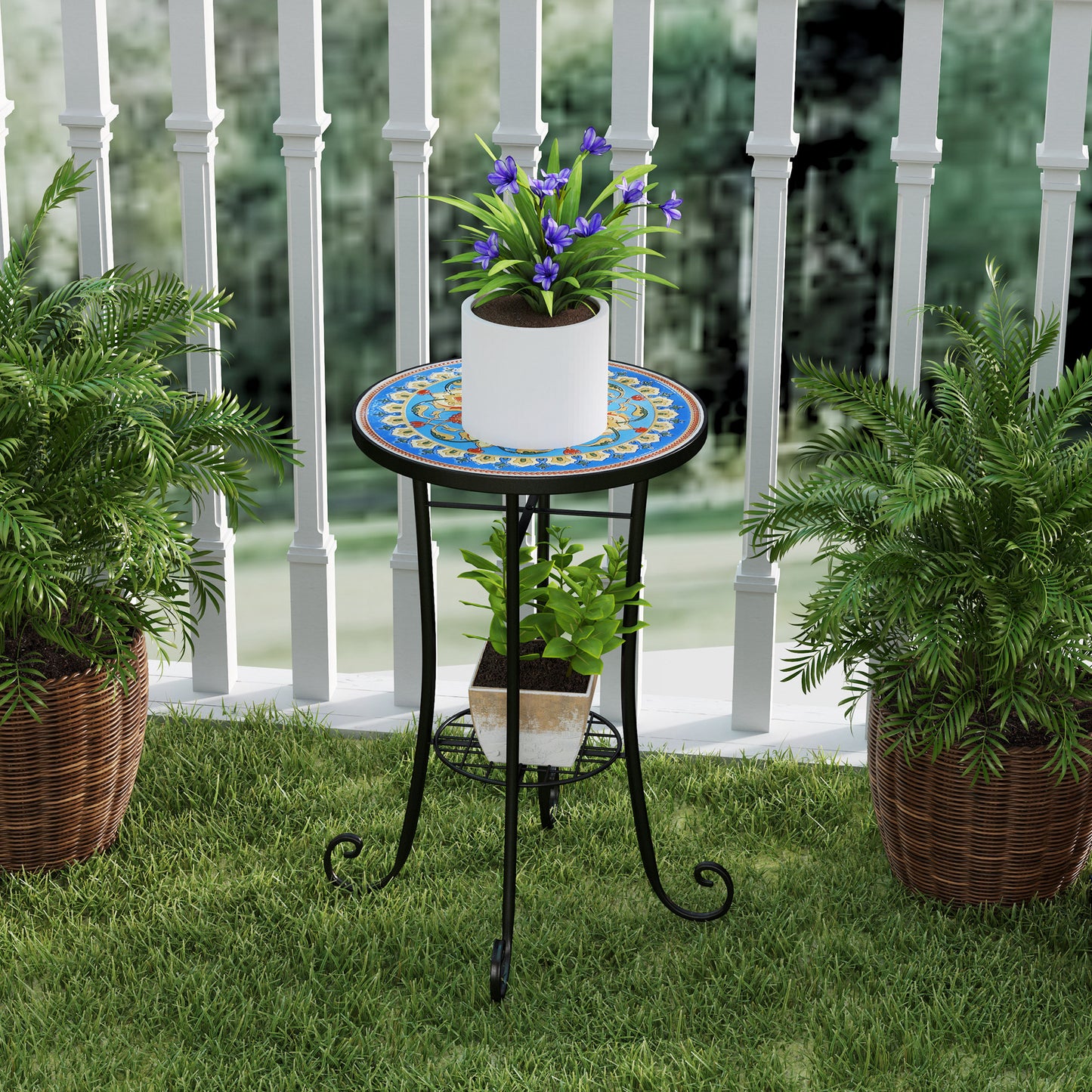 Mosaic Garden Table, 35.5 cm Round Outdoor Table with Shelf, Ceramic Tile Top