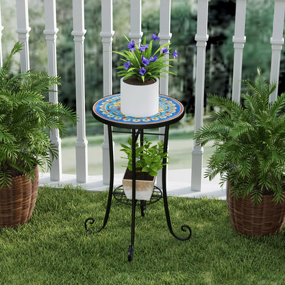 Mosaic Garden Table, 35.5 cm Round Outdoor Table with Shelf, Ceramic Tile Top