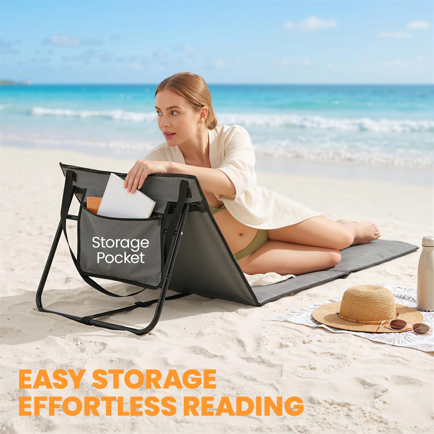 Set of 2 Foldable Garden Beach Chair Mat, Outdoor Sun Lounger Seats with Adjustable Back, Magazine Pocket, Carry Strap