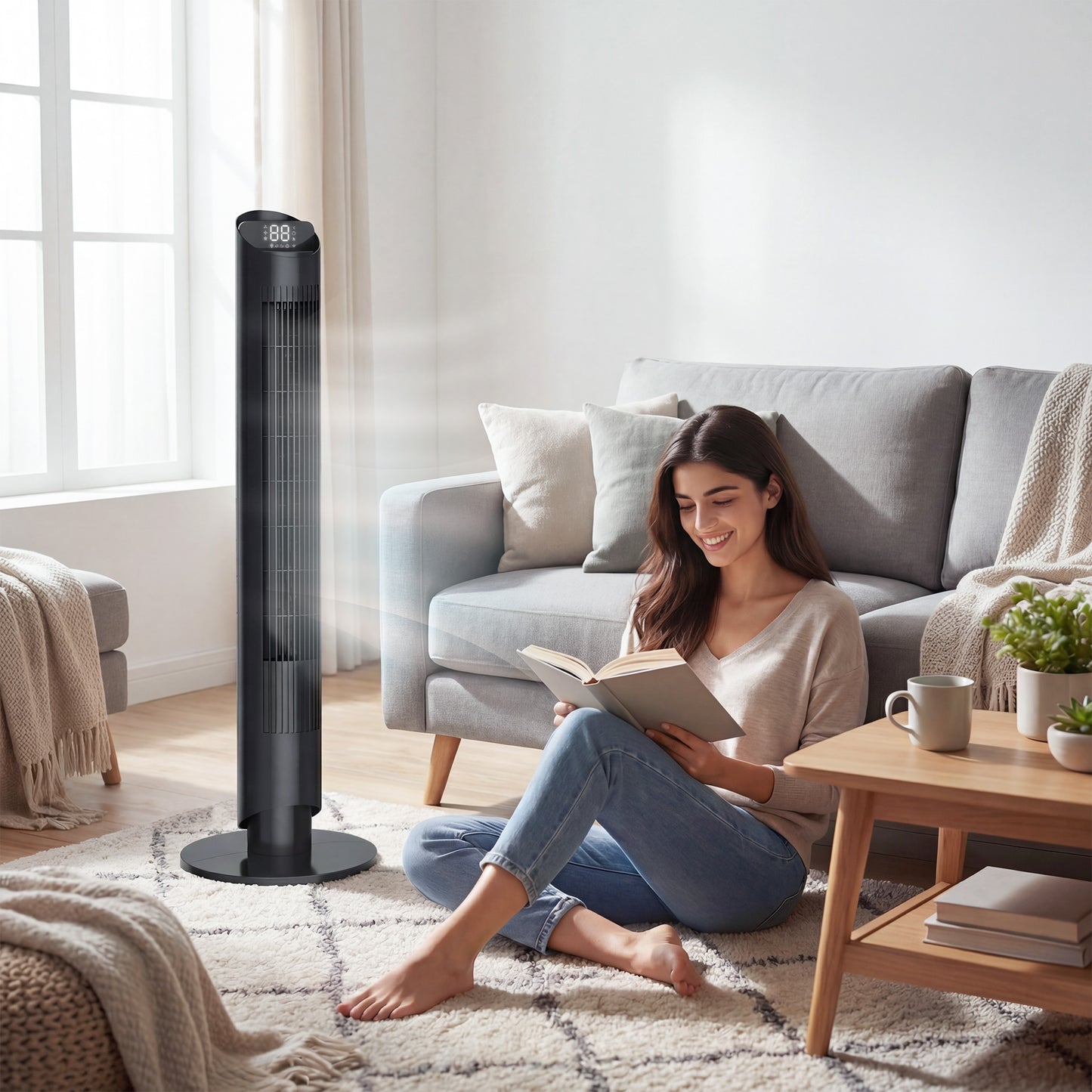 Tower Fan with WiFi App Control Standing Floor Cooling Fan Remote Control 101.8 cm Black