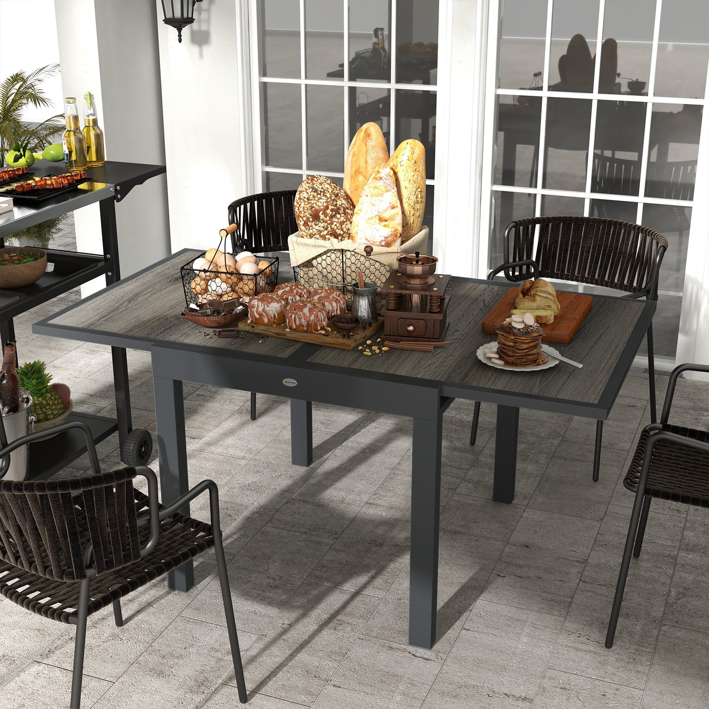 Extending Garden Table, Outdoor Dining Table for 6, Aluminium Frame Rectangular Patio Table with Plastic Board Tabletop