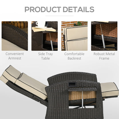 Outdoor Recliner Chair with Adjustable Backrest and Footrest, Cushion, Side Tray, Khaki/Brown