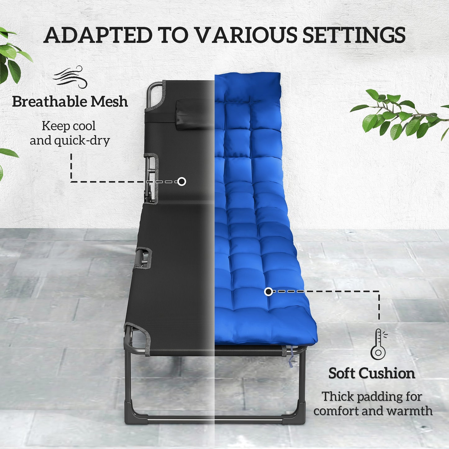 Folding Sun Lounger for Garden, 5-Position Oversized Camping Bed Recliner with Cushions, Blue