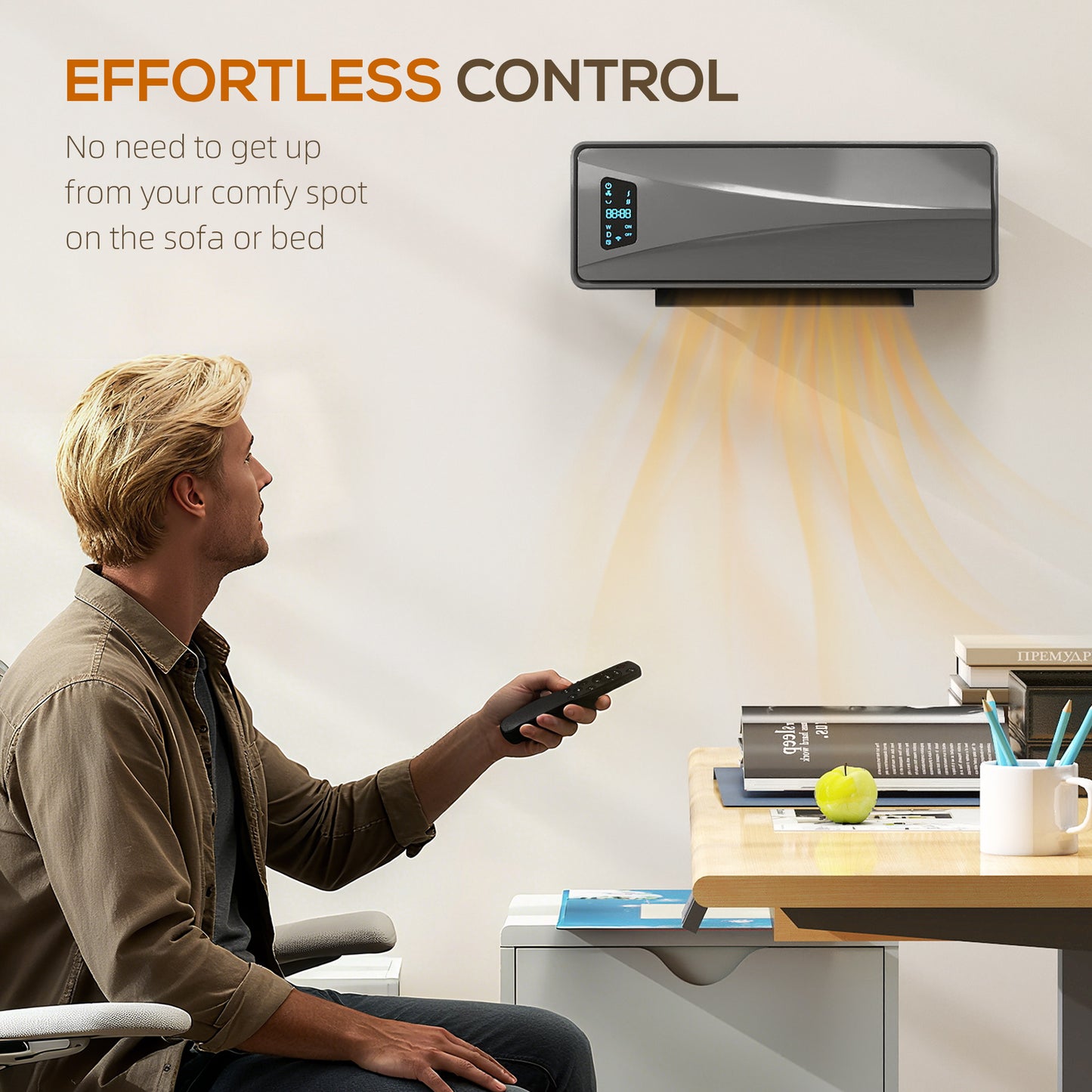 2000W Ceramic Electric Heater with Fan, Adjustable Thermostat, Wall Mounted - Grey