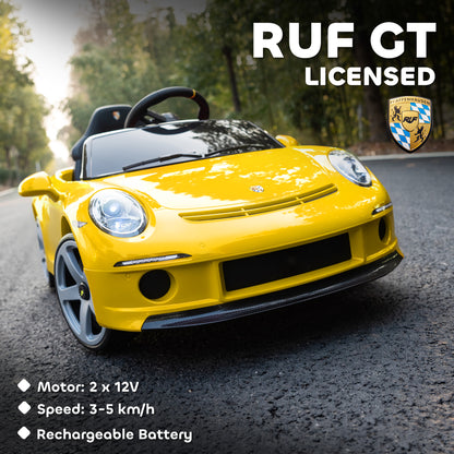 Kids Electric Car, 12V Licensed RUF GT Ride on Car with Suspension, Remote Control, Music for 3-5 Years Yellow