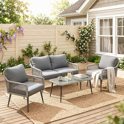 Rattan Garden Furniture Set, 4 Piece Outdoor Patio Furniture with Tempered Glass Table and Chairs